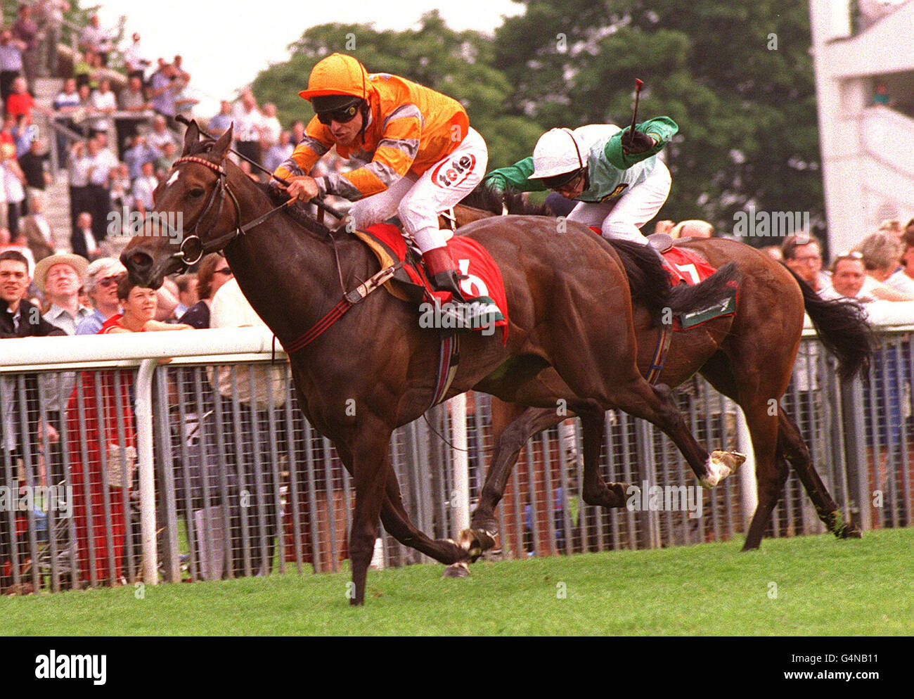 American jockey Gary Stevens powers to victory on Imperial Beauty winning the Stanley Racing Summer Stakes, feature race at York. On his first visit to York Stevens won his first two races. Stock Photo