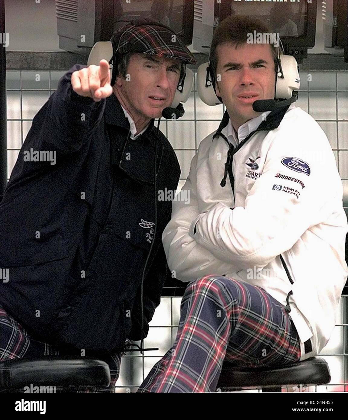 Jackie Stewart and son Paul, management team of Stewart Ford Formula 1 at Silverstone where they are preparing for the British Grand Prix. Stock Photo