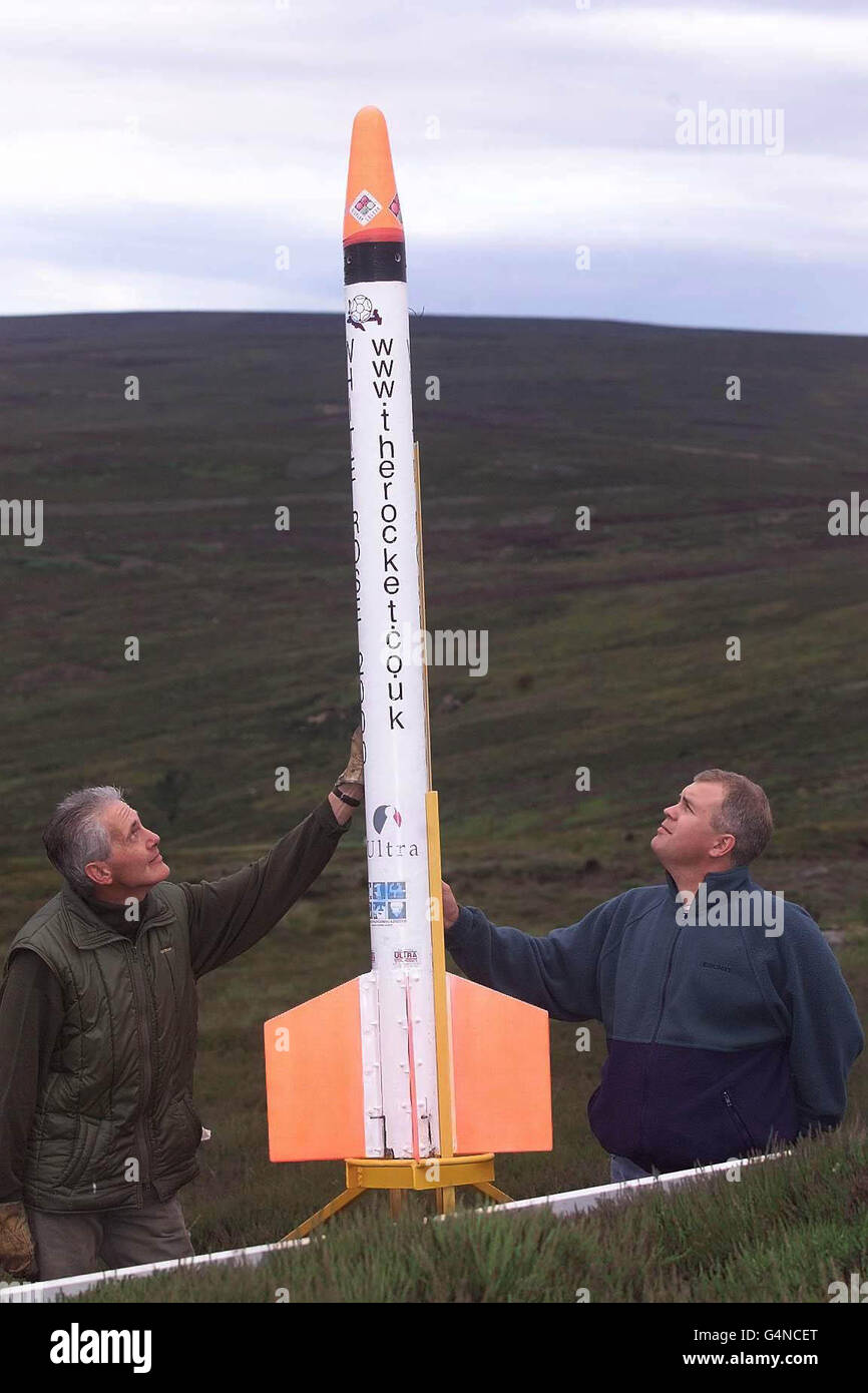 Jago Packer Project Manager (R) and Allan Bullock, an Explosives engineer, moments before a failed attempt to launch a White Rose space rocket 50 miles into the earth's atmosphere from the North Yorkshire Moor. The rocket failed to lift off and burst into flames. * The aim of the launch was to pick up the first non-govermental operation to put men into space, with prize money of 6.25 million . Stock Photo