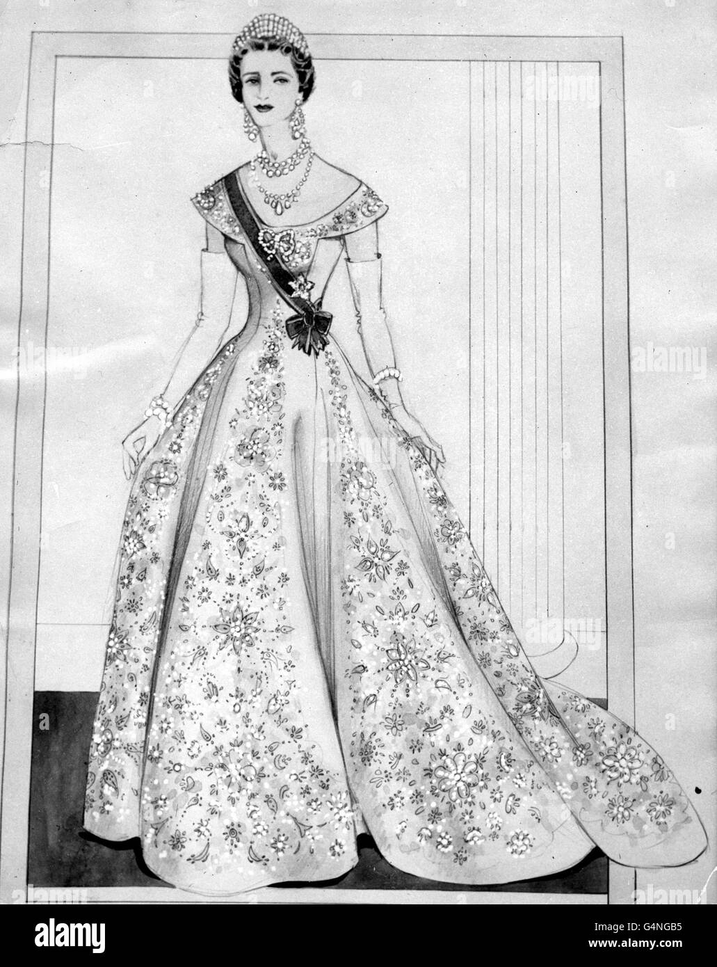 The original Norman Hartnell drawing for the dress the Duchess of Kent wore at the Coronation of Queen Elizabeth II. It is a gown of ivory satin with slim fitted bodice. Stock Photo