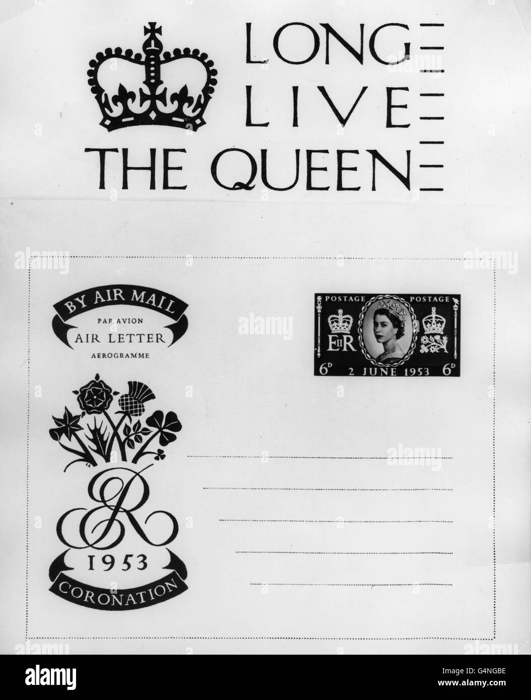 The special postmark and Air Letter form which were introduced by the Post Office to commemorate the Coronation of Queen Elizabeth II. Stock Photo