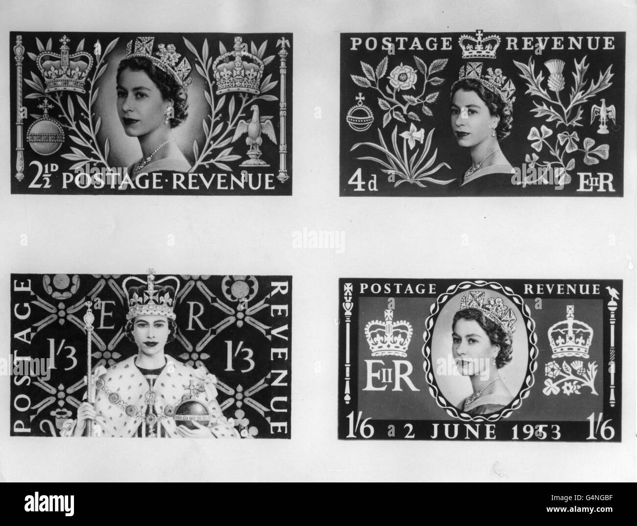 The four commemorative postage stamps which the Post Office issued to mark the Coronation Stock Photo