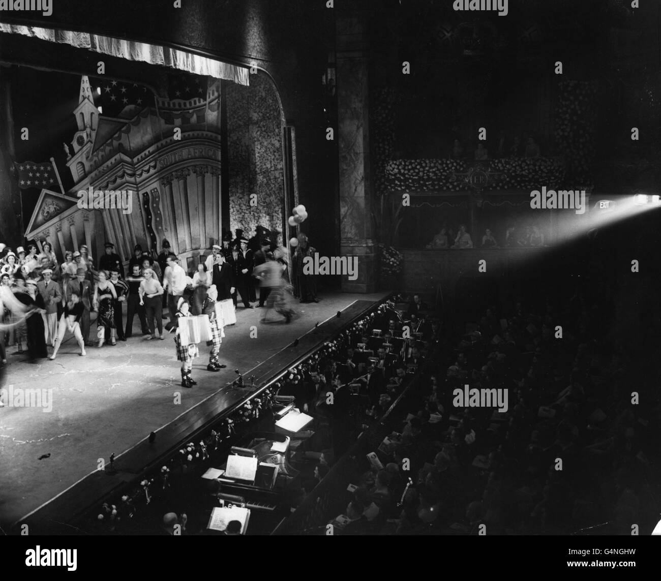 A general view of the Royal Command Variety Performance, watched from the royal box by the Queen, Duke of Edinburgh and Princess Margaret. The show was in aid of the Variety Artistes' Benevolent Fund. Stock Photo