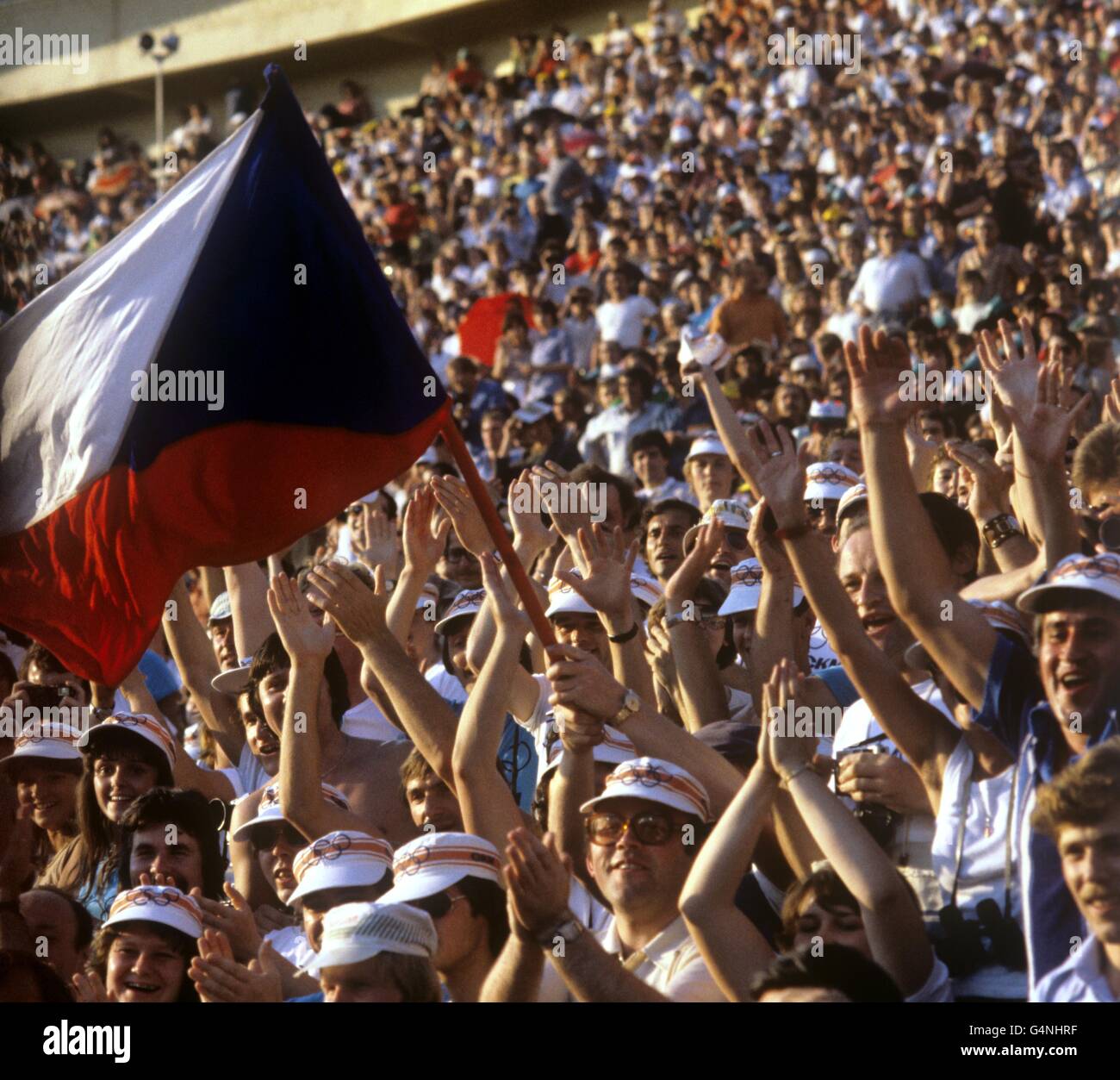 Czechoslovakia fans in the crowd watching the 1980 Olympic games in Lenin Stadium, Moscow. Stock Photo