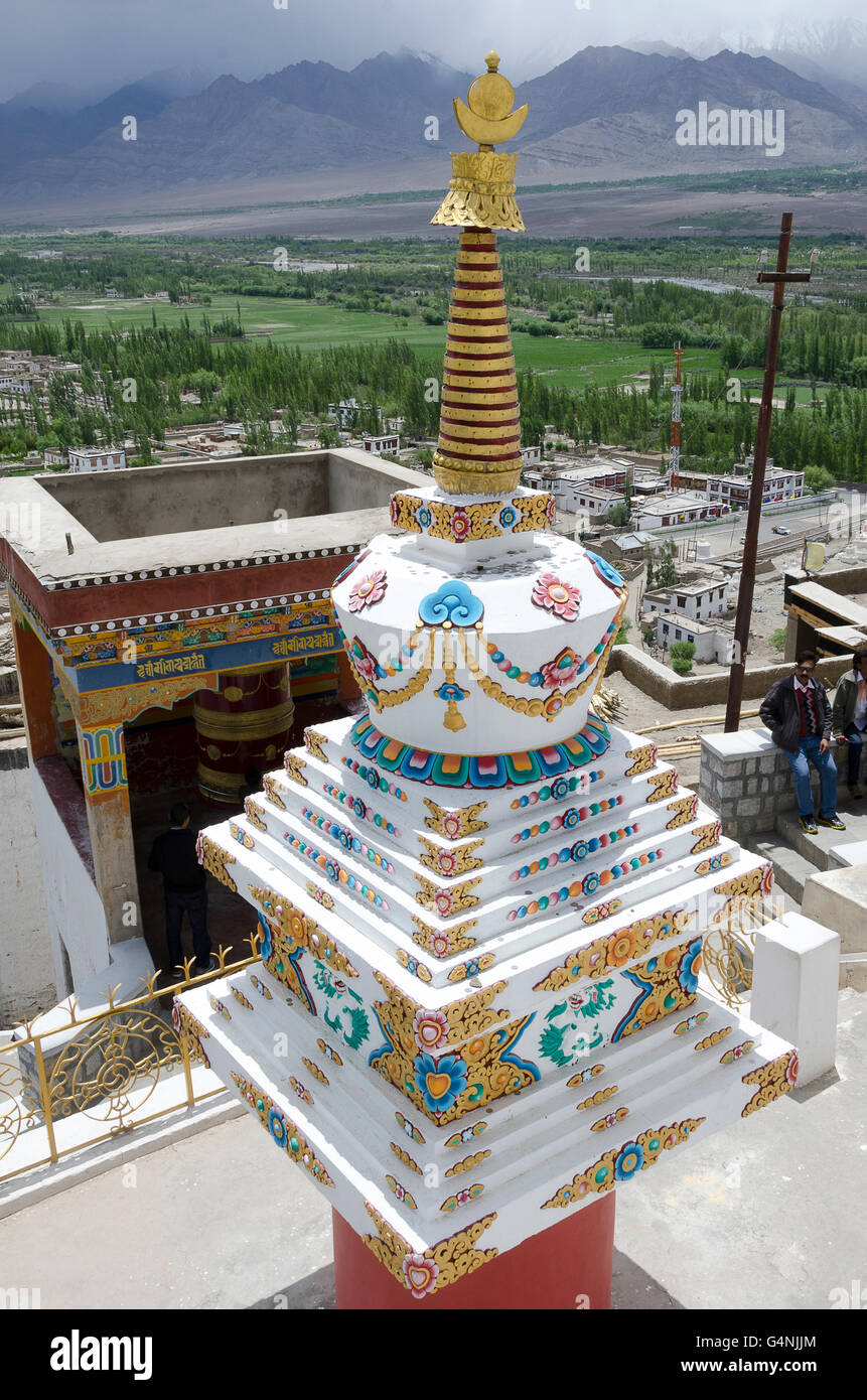 Stupa, or chorten, at Thikse Gompa near Leh, Ladakh, Jammu and Kashmir, India.  Indus valley in distance. Stock Photo