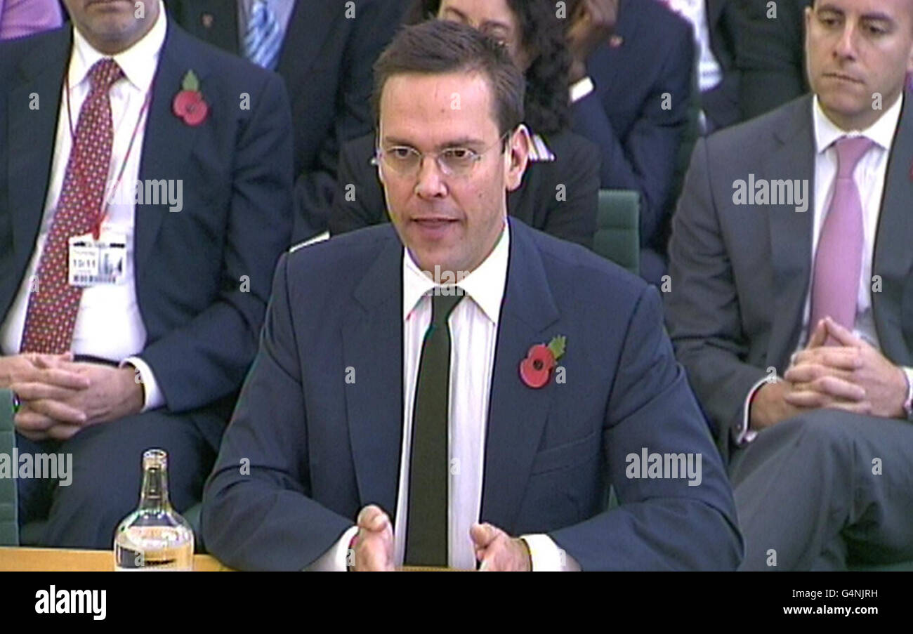 News International Executive Chairman James Murdoch gives evidence to the Commons Culture Committee inquiry into phone hacking at Portcullis House, London. Stock Photo