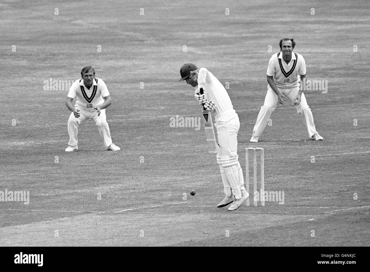 Somerset opening batsman Peter Roebuck plays a defensive stroke off the bowling of Middlesex pace bowler Wayne Daniel during the Schweppes County Championship match at Lord's Cricket Ground, London. Stock Photo