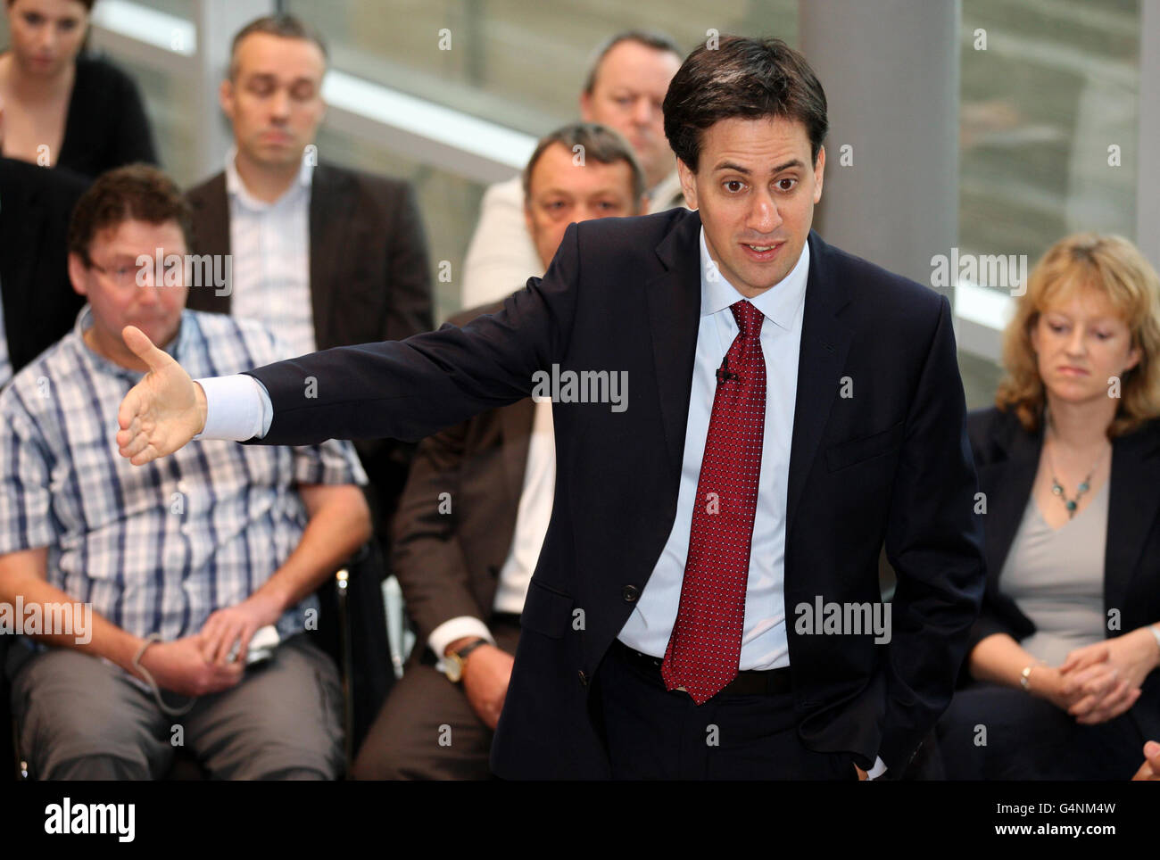 Labour Party leader Ed Miliband takes questions during a visit to TTP group in Melbourn, Cambridgeshire. Stock Photo