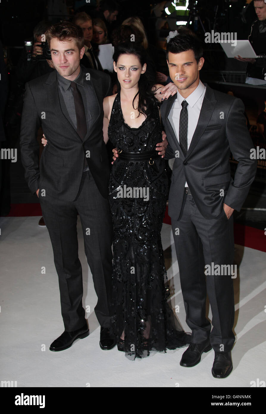 Robert Pattinson, Kristen Stewart and Taylor Lautner arriving for the UK premiere of The Twilight Saga: Breaking Dawn Part 1, at the Westfield Stratford City, Stratford, London. Stock Photo