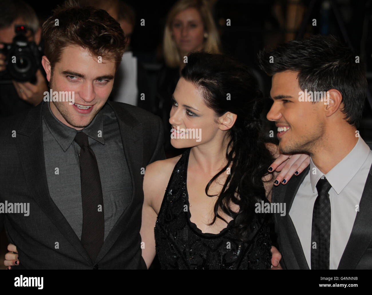 Robert Pattinson, Kristen Stewart and Taylor Lautner arriving for the UK premiere of The Twilight Saga: Breaking Dawn Part 1, at the Westfield Stratford City, Stratford, London. Stock Photo