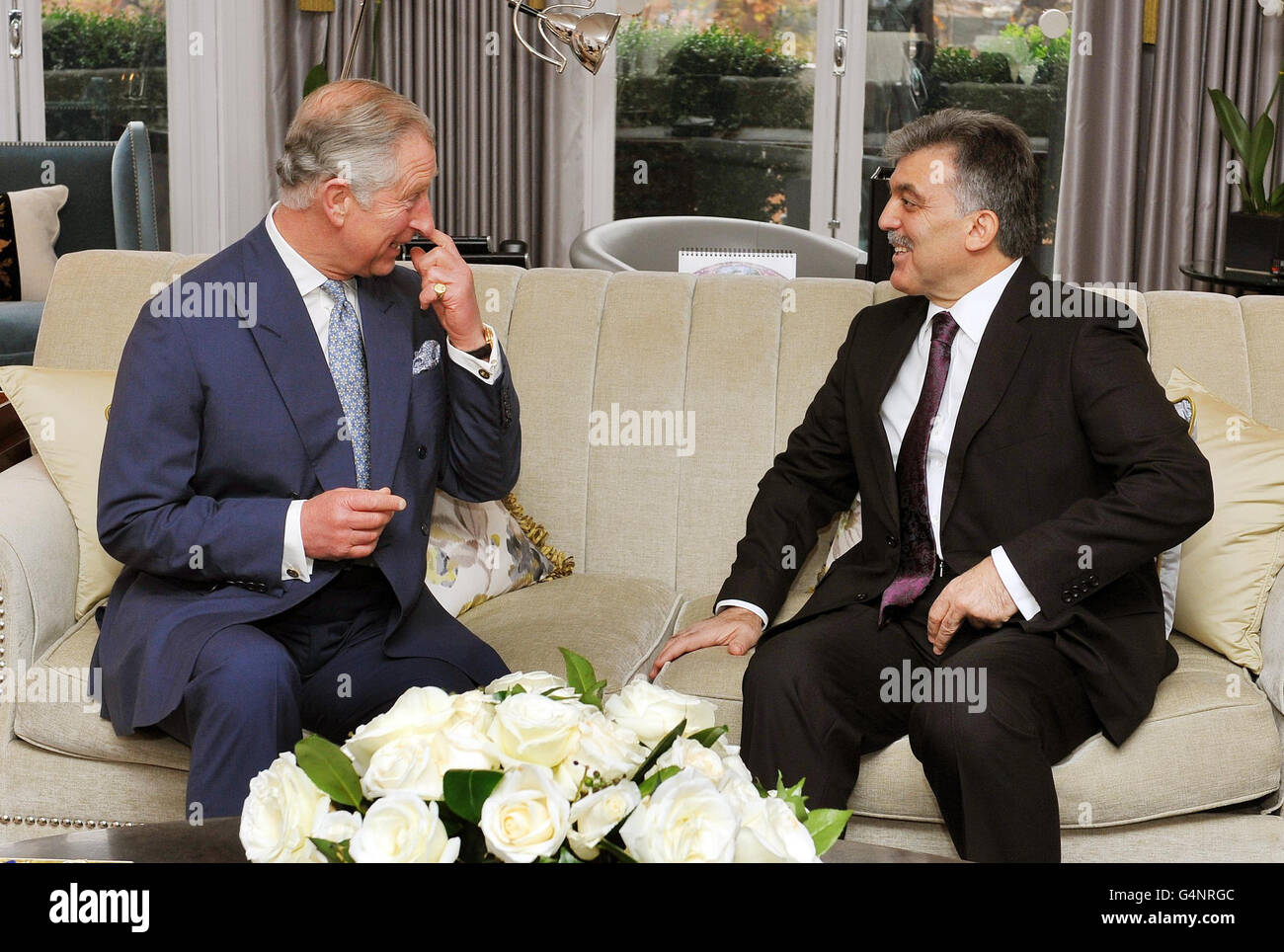 The Prince of Wales talks with the President of Turkey Mr Abdullah Gul, at the Mandarin Oriental Hotel in central London, at the start of a two day state visit to Britain. Stock Photo
