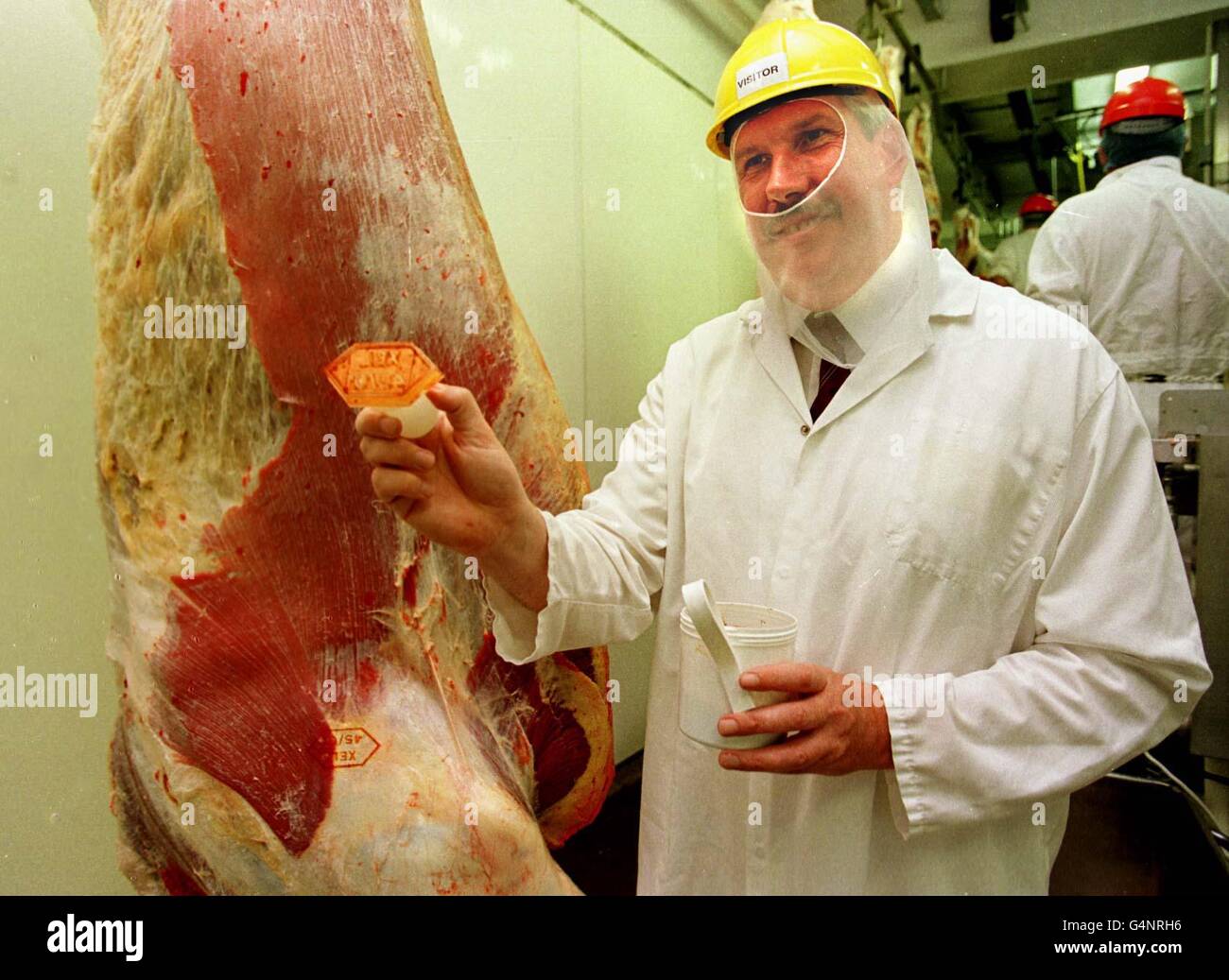 Countryside Minister Elliot Morley stamps an export number on the first side of British beef to be processed at St Merryn Meat Ltd, in Probus, Cornwall. Stock Photo