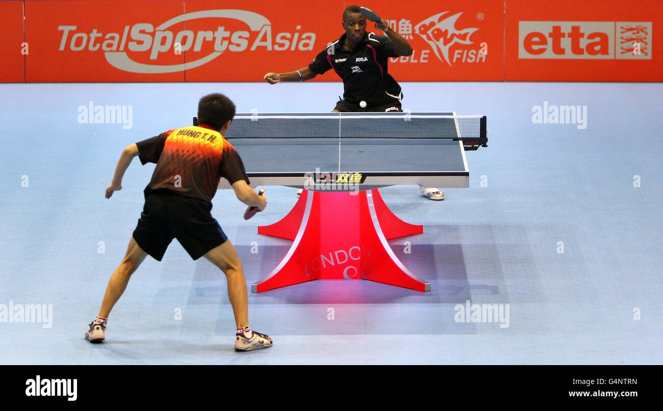 Great Britain player Darius Knight during his game against Tzu-Hsiang Hung during the ITTF Pro Tour Grand Finals at the Excel Arena, London. Stock Photo