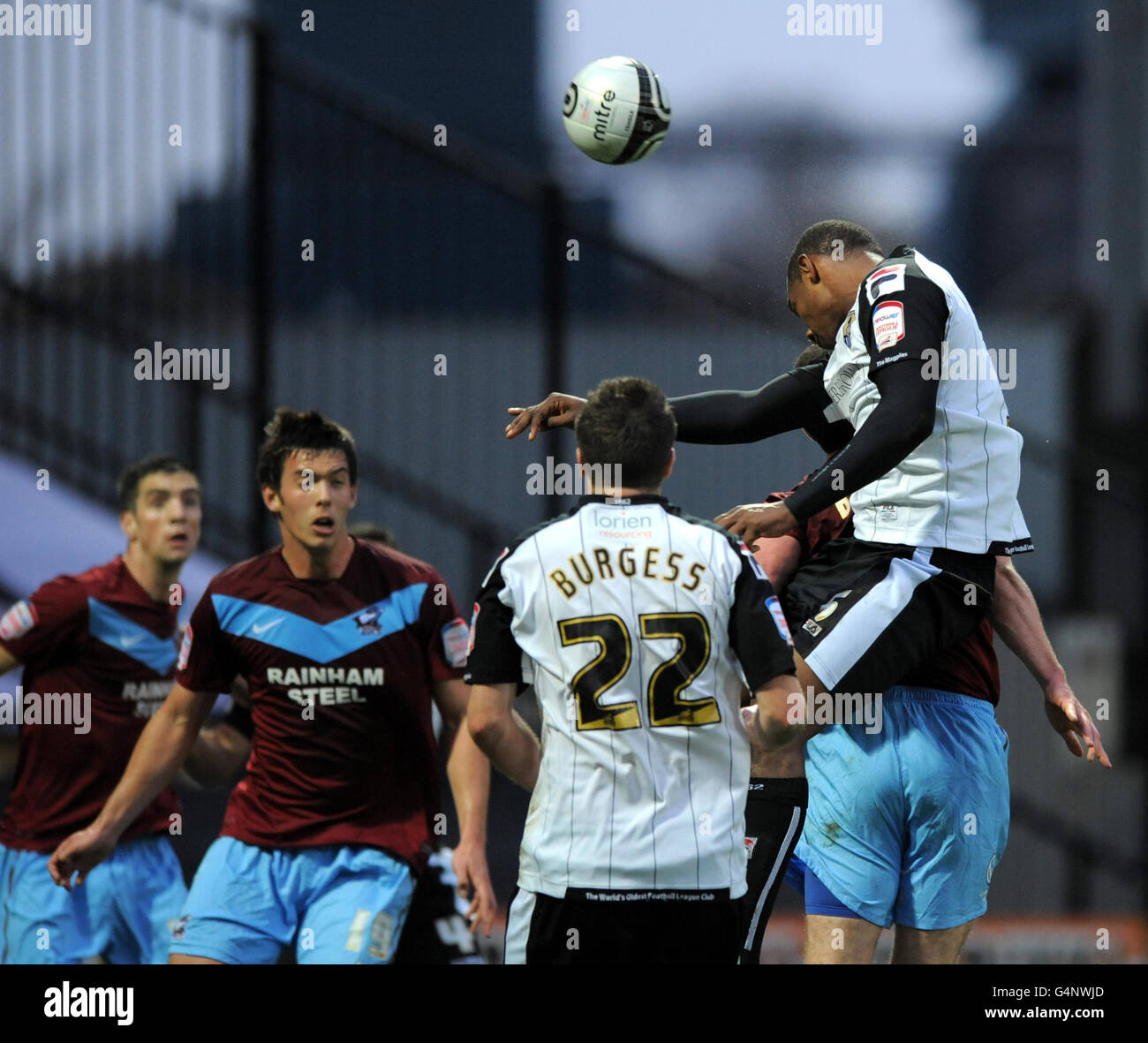 Notts County's Krystian Pearce heads home the opening goal of the game during the npower Football League One match at Meadow Lane, Nottingham. Stock Photo