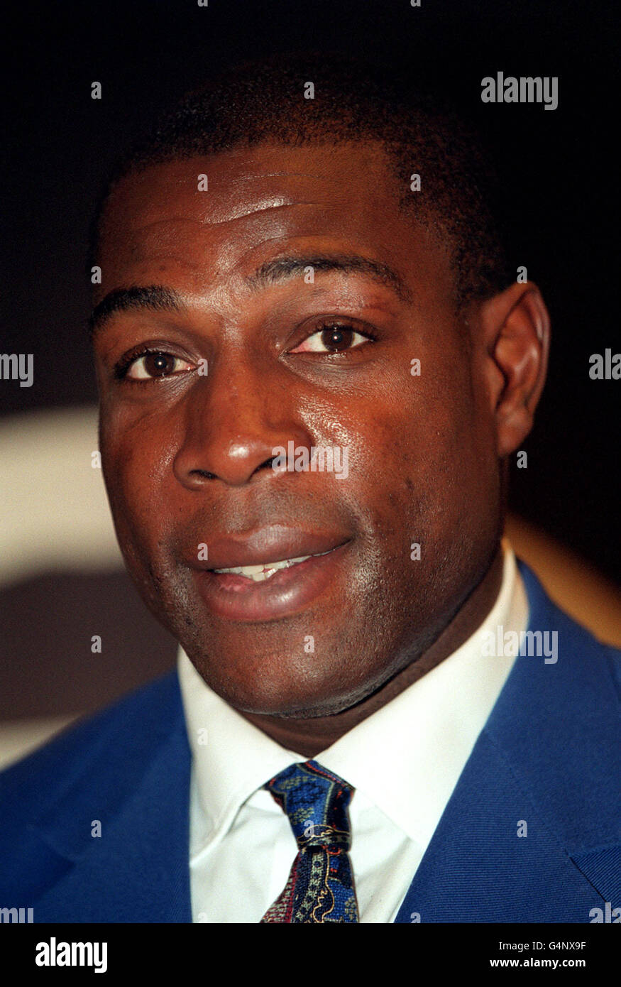 Former heavyweight boxer Frank Bruno at the launch of Channel Five television's autumn programmes schedule, at the Landmark London Hotel, in London. *...27/01/01 Bruno was set to show his softer side by attending the Toy Fair. Organisers said he would be attending the first day of the four-day trade show, at the ExCel Exhibition Centre in London's Royal Docks, to receive a donation for the show's chosen charity at around midday. Toy manufacturers exhibiting at the industry's annual showcase have clubbed together to give toys worth around 25,000 for Children with Leukaemia. Stock Photo