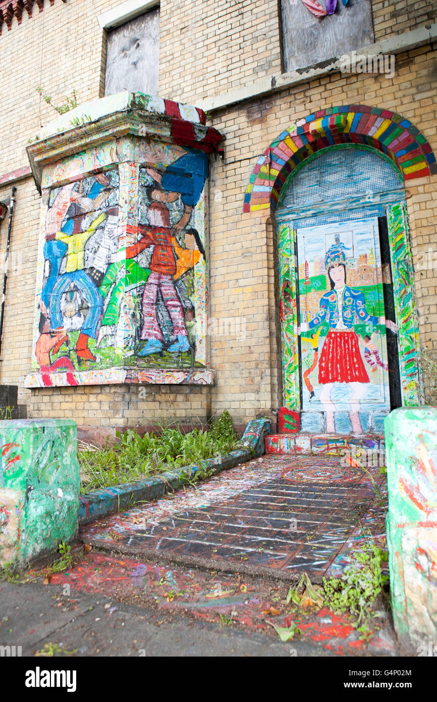Art project on Ducie Street, where some of these streets of terraces are boarded up, housing awaiting demolition, Toxteth, Liverpool, Merseyside, UK. Stock Photo