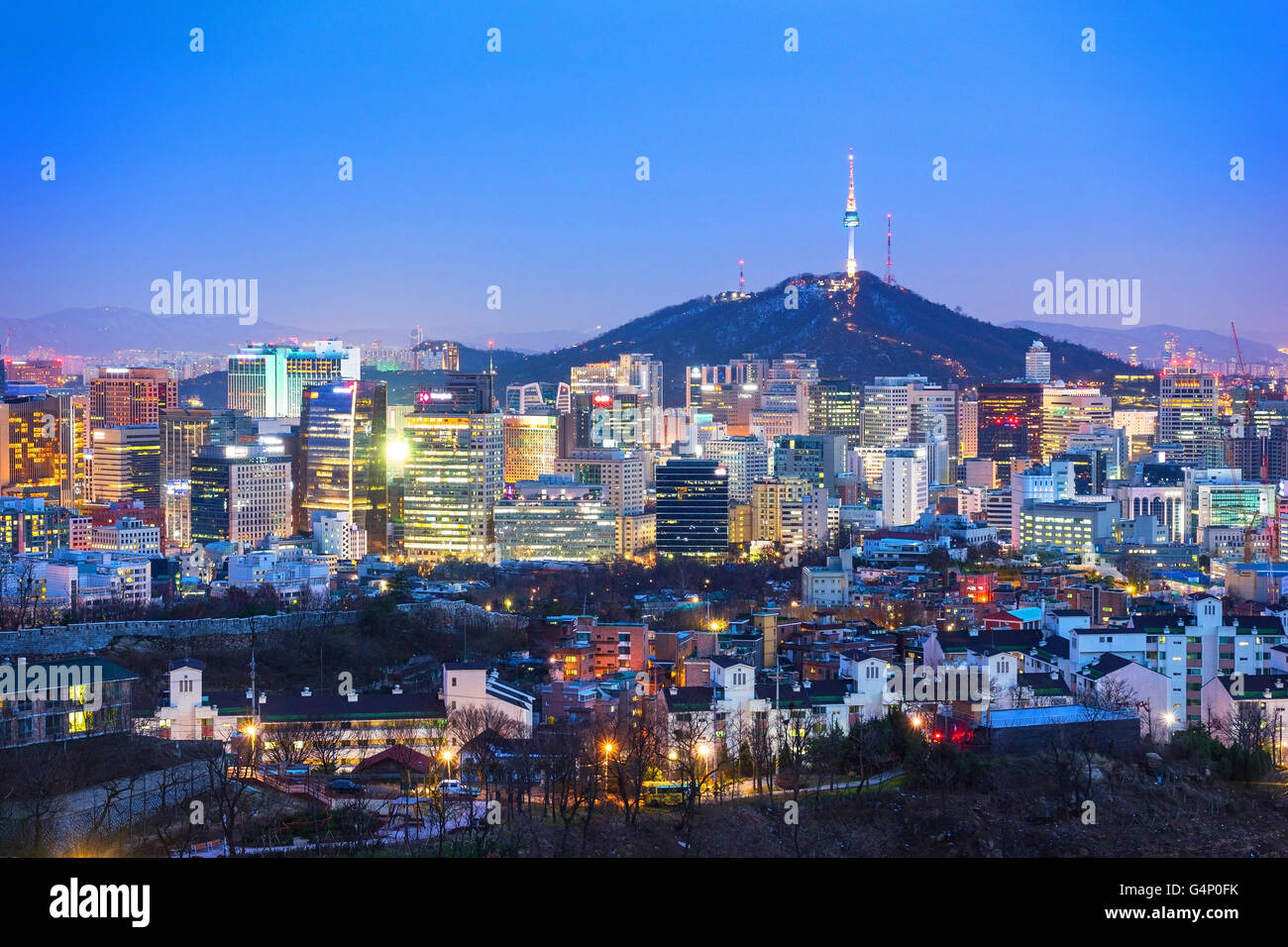 View of Seoul city skyline at night in South Korea. Stock Photo