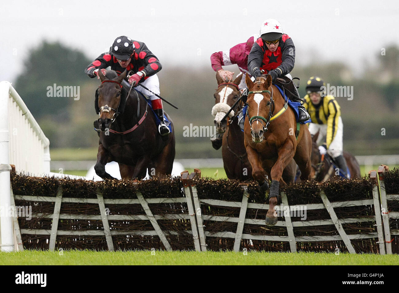 Sam Bass ridden by Paul Carberry jumps the last to win Bar One Racing Juvenile ahead of One Cool Shabra ridden by John Cullen (left) and His Excellency ridden by Davey Russell (centre) during the Premier Jump Racing Weekend at Fairyhouse Racecourse, Ratoath. Stock Photo