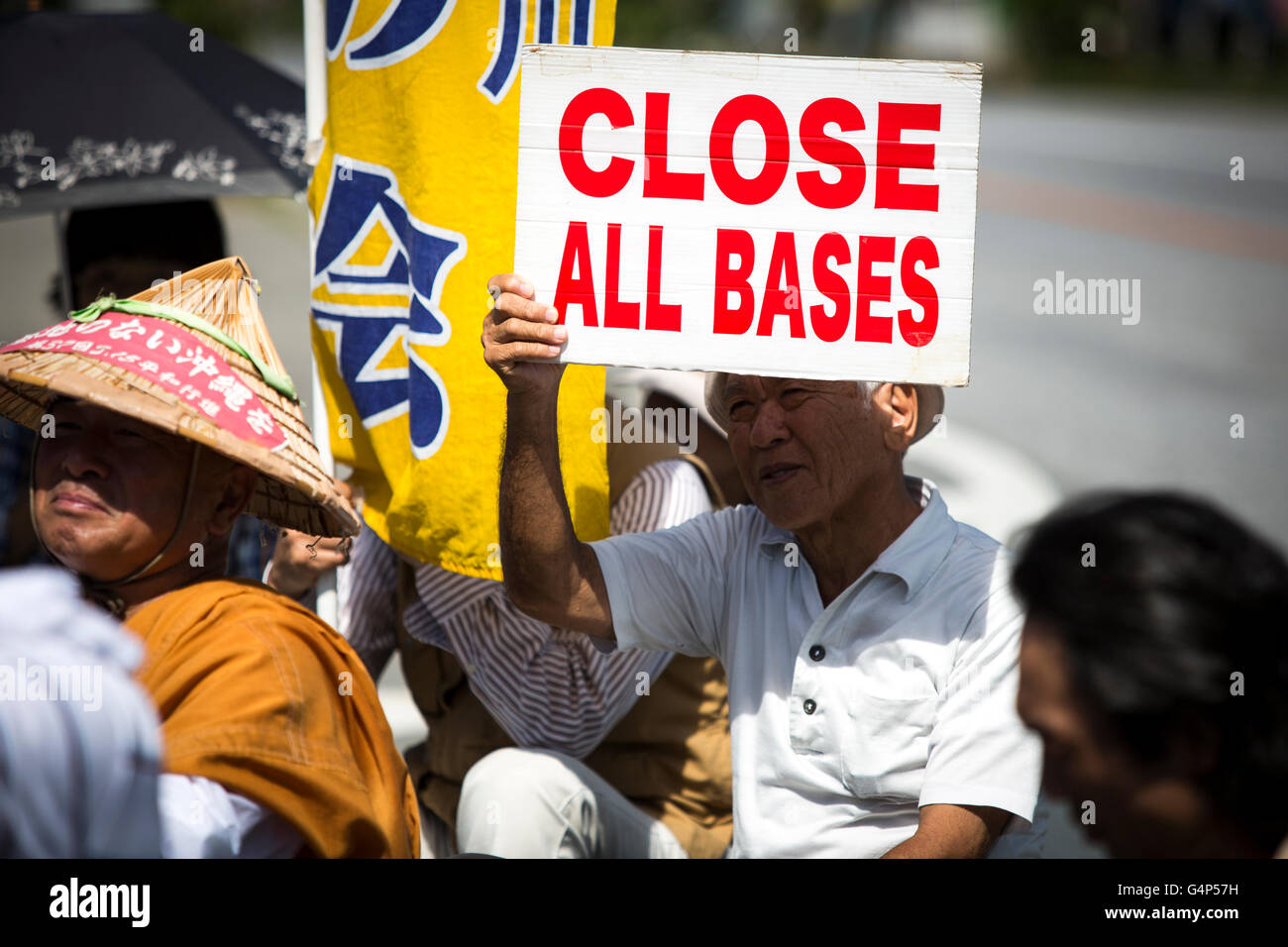 OKINAWA, JAPAN - JUNE 18 : Anti U.S. Base relocation protesters stage a ...