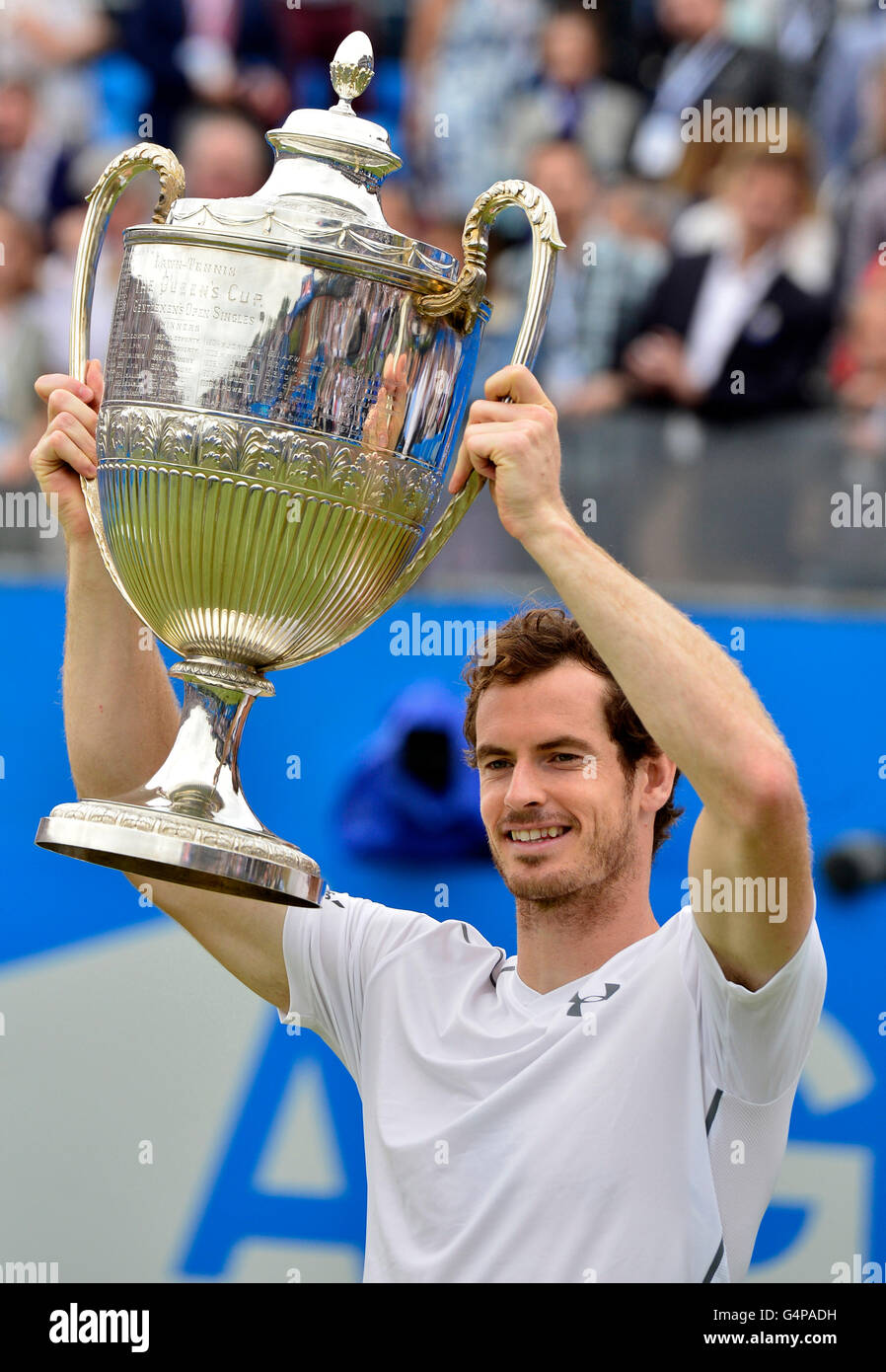 London, UK. 19th June, 2016. Aegon Tennis Championships Queens Club London  UK Final: Andy Murray GBR v Milos Raonic CAN Murray wins in 3 sets 6-7 6-4  6-4 with the champions cup