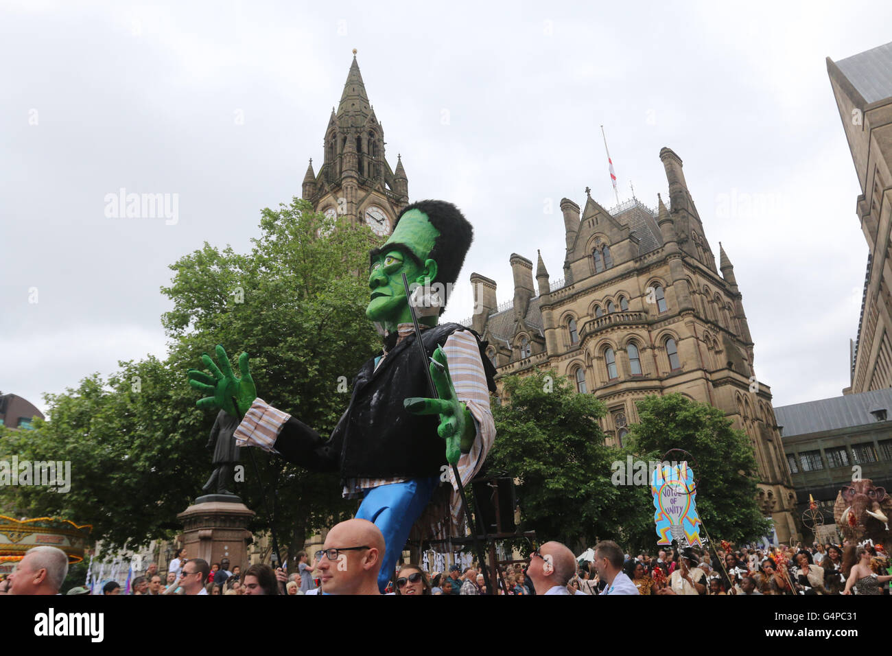 Manchester, UK. 19th June, 2016. A giant Frankenstein head in front of the town hall in Manchester, UK,19th June, 2016 Credit:  Barbara Cook/Alamy Live News Stock Photo