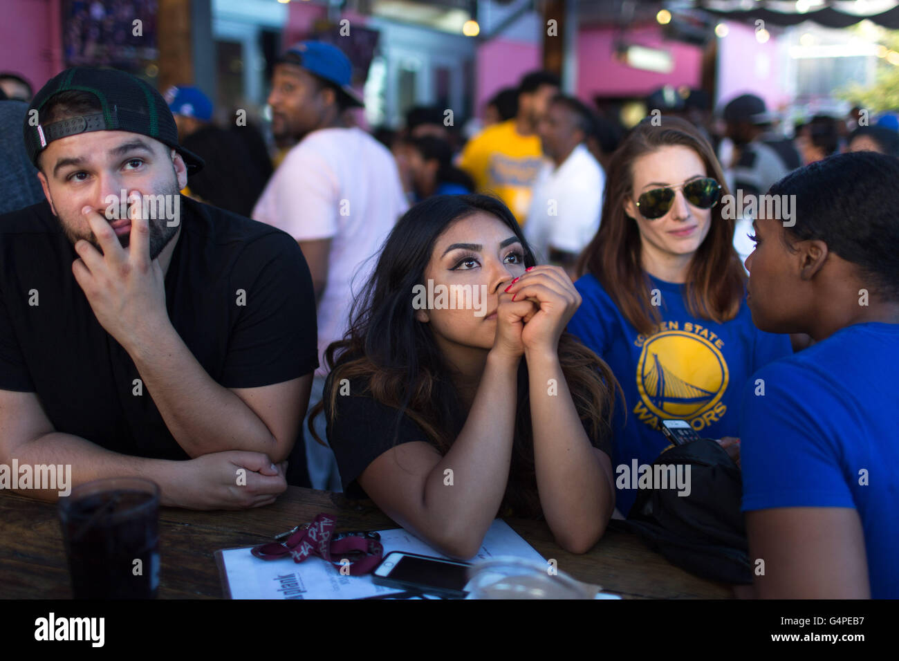 Oakland, California, USA. 19th June, 2016. Warriors fans react to a close loss to the Cavaliers in the NBA Finals Championship game. Credit:  John Orvis/Alamy Live News Stock Photo