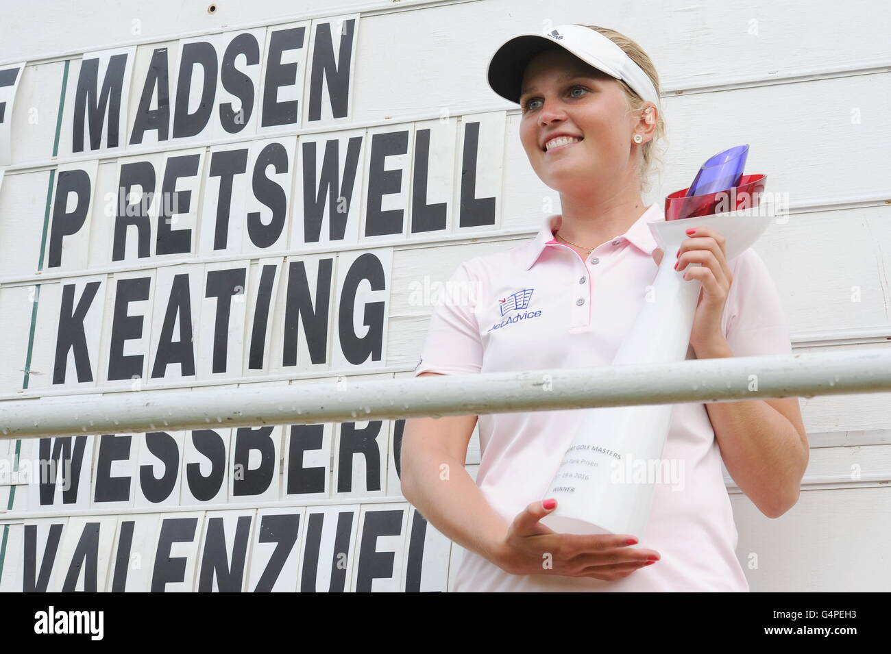 Winner Nanna Koerstz Madsen of Denmark holds her trophy during the Tipsport Golf Masters Ladies European Tour in Pilsen Golf Resort Dysina, Czech Republic, June 19, 2016. (CTK Photo/Pavel Nemecek) Stock Photo