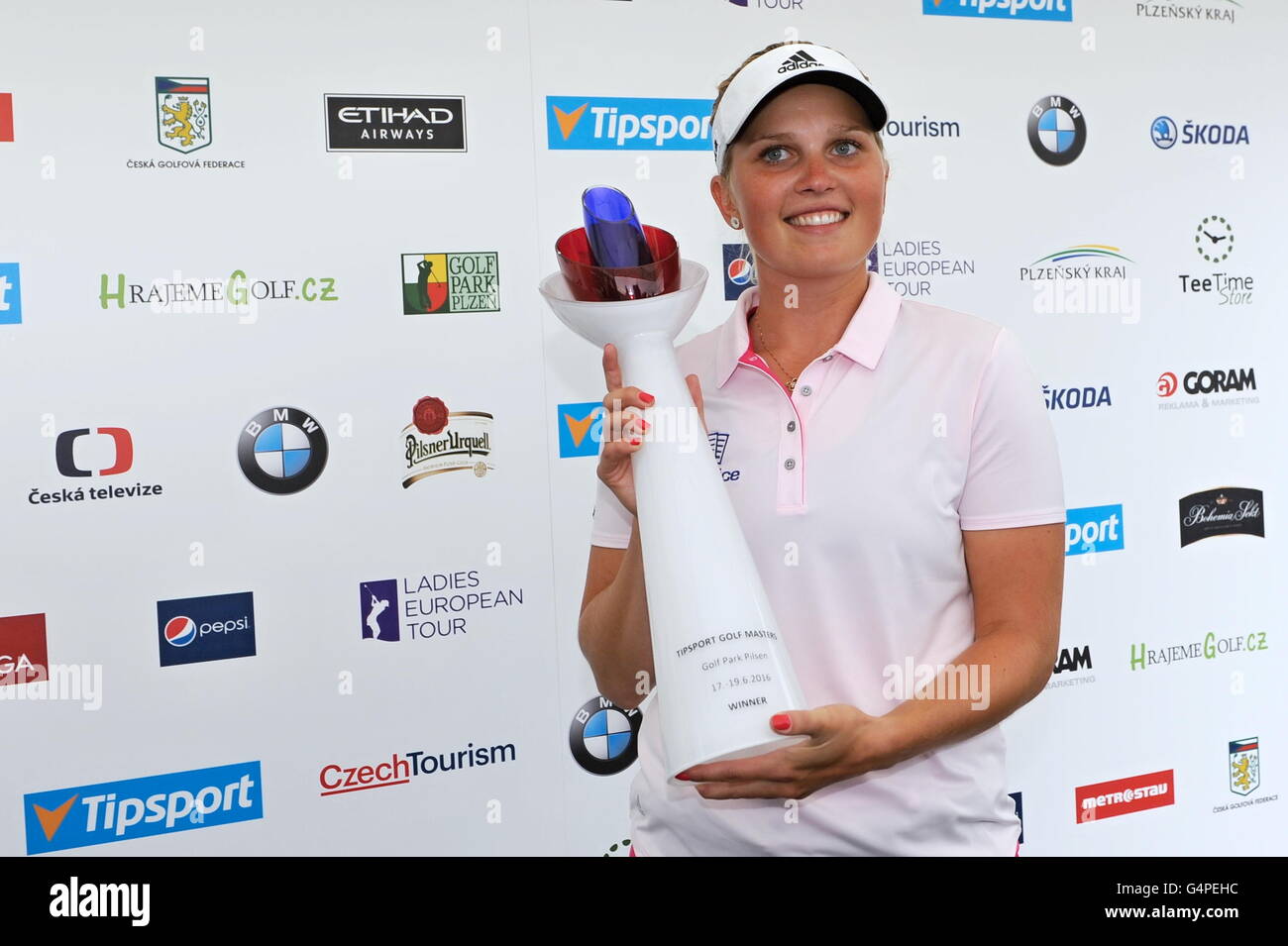 Winner Nanna Koerstz Madsen of Denmark holds her trophy during the Tipsport Golf Masters Ladies European Tour in Pilsen Golf Resort Dysina, Czech Republic, June 19, 2016. (CTK Photo/Pavel Nemecek) Stock Photo