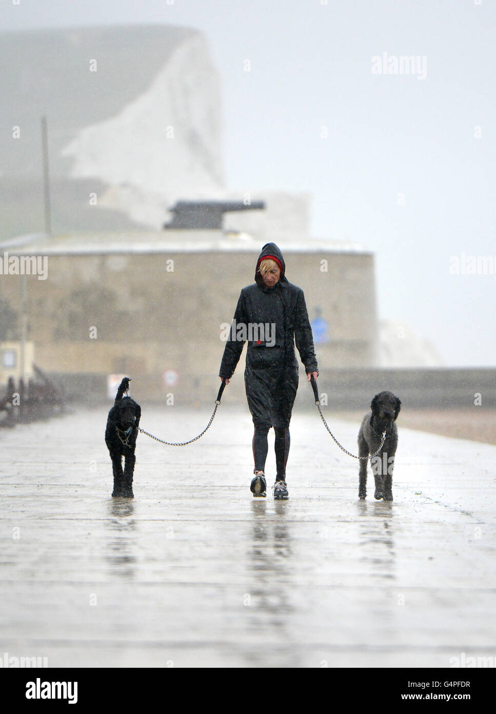 Seaford, East Sussex, UK. June 20th 2016. Dog walker braving heavy rain and wind on Seaford beach during a very wet Summer Solstice. Credit: Peter Cripps/Alamy Live News Stock Photo