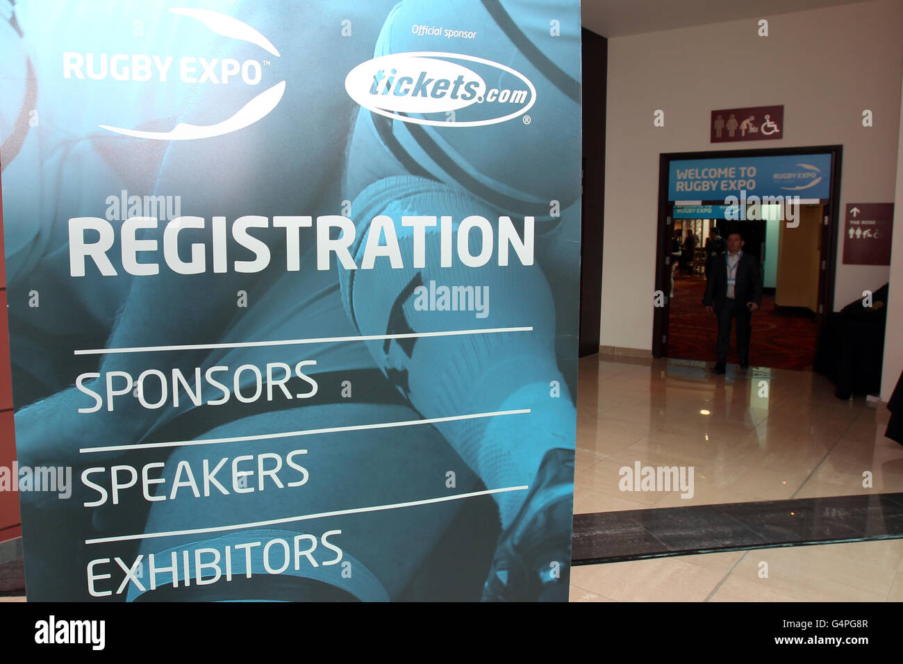 Registration desk signage and the entrance to Rugby Expo 2011 Stock Photo