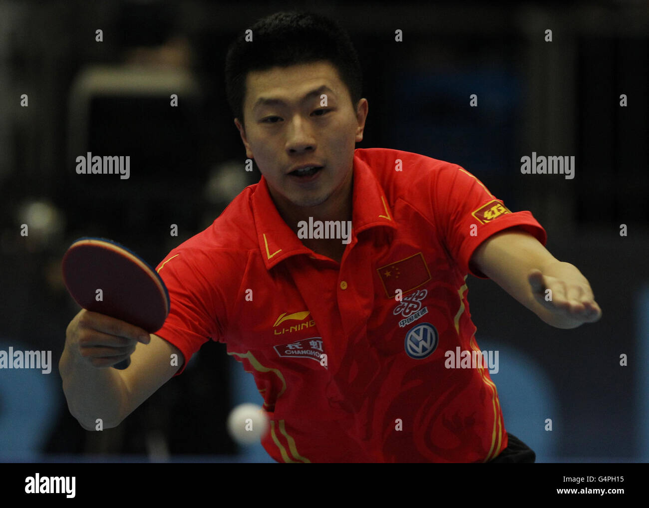 Japan's Ma Long during his quarter final win over Chinese Taipei's Chuang Chih-Yuan during the ITTF Pro Tour Grand Finals at the Excel Arena, London. Stock Photo