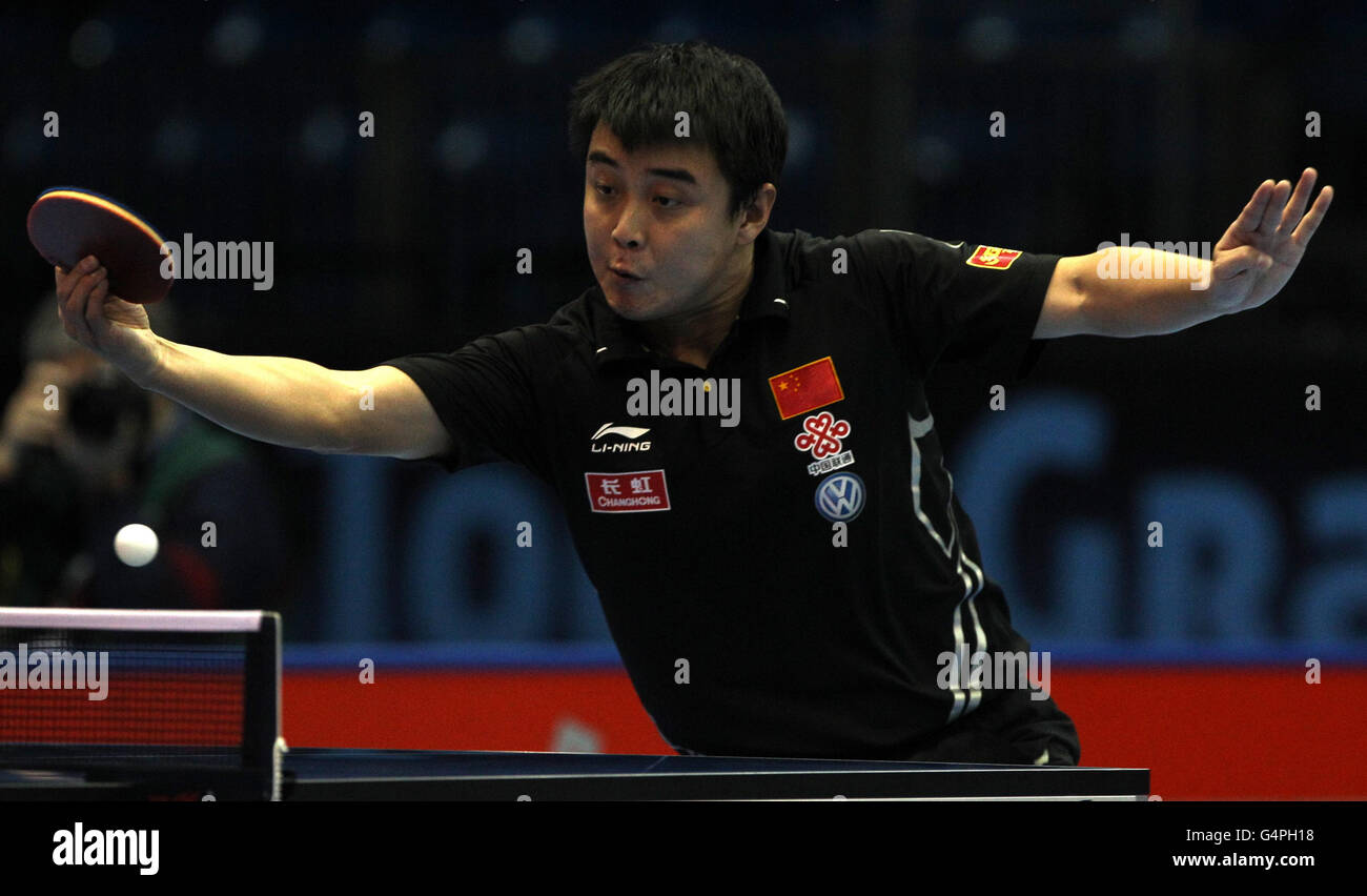 China's Wang Hao during his quarter final game against China's Xu Xin during the ITTF Pro Tour Grand Finals at the Excel Arena, London. Stock Photo