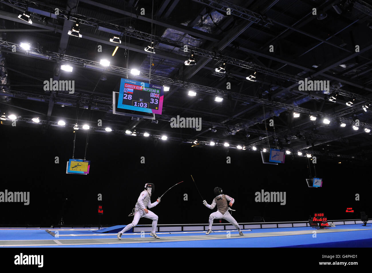 General view of action during the Fencing International Invitational at the Excel Arena, London. Stock Photo