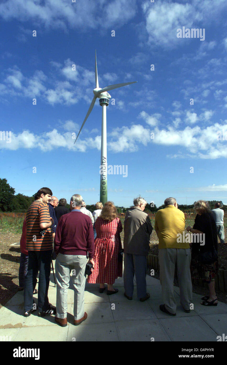Crowds gather for the turning on of the world's most efficient wind turbine in Swaffham Norfork. The 1 million 66 meters high Enercon E-66 1.5 MW Machine is the world's most technologically advance wind turbine. * and will provide enough electricity for half the population in Swaffham. Independent power firm, Next Generation, has developed the turbine which provides power for Eastern Electricity. 1/4/02: A new regulation forcing electricity suppliers to obtain up to 10% of their power from green sources by 2010 has come into effect. The Renewables Obligation, under which firms must get more Stock Photo
