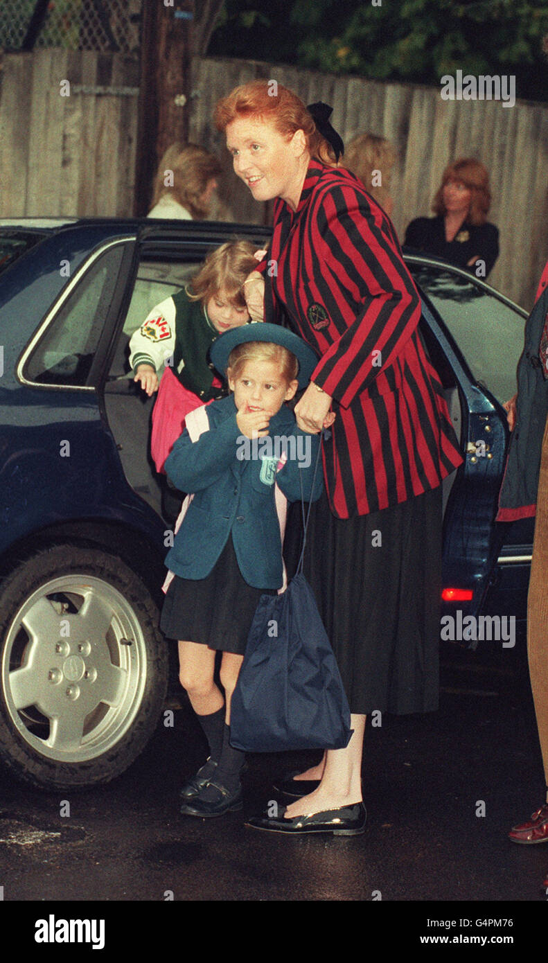 Princess Beatrice (foreground) being taken back to Upton House School in Windsor after the summer break by her mother the Duchess of York and her sister Princess Egenie. Stock Photo