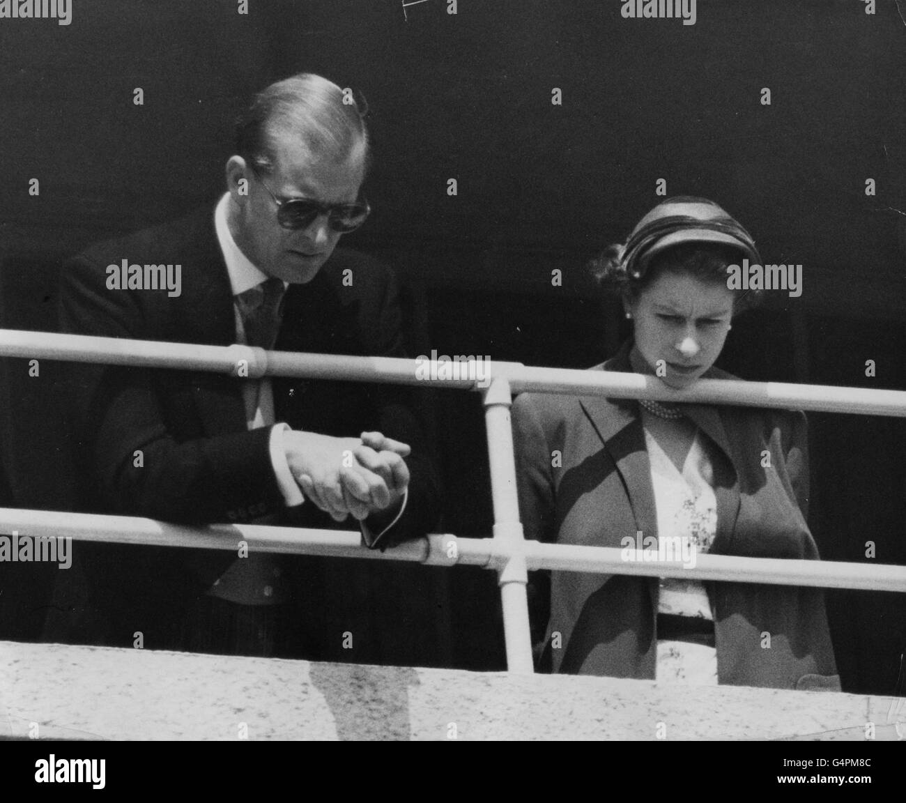Horse Racing - The Oaks Stakes - Epsom Racecourse. Queen Elizabeth II and the Duke of Edinburgh in the Royal Box after watching her filly Angel Bright in the Oaks Stakes. Stock Photo