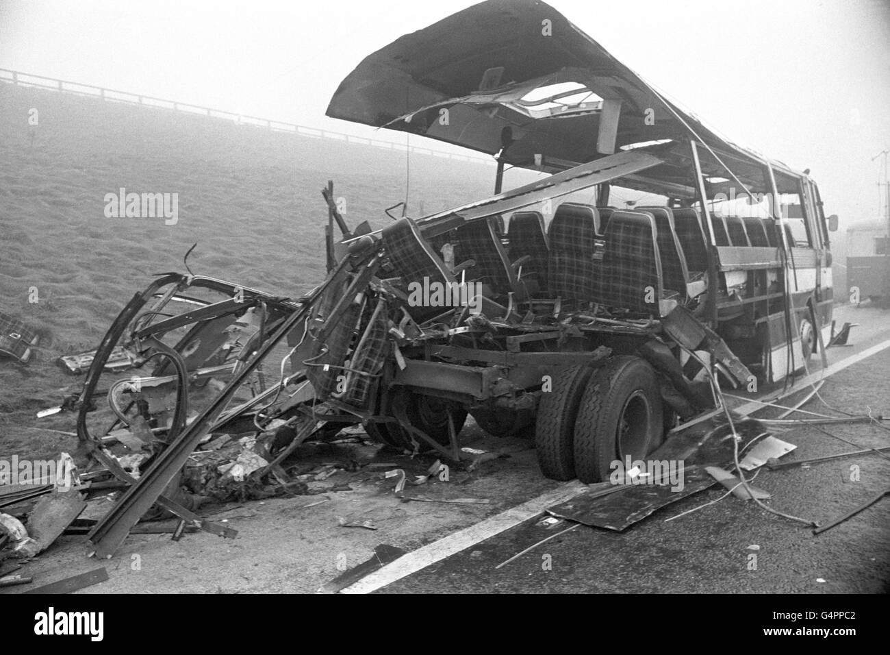 A coach carrying Servicemen and their families, ripped apart by a bomb, killing 11 people and injuring 14 others on the M62 motorway near Batley. Stock Photo
