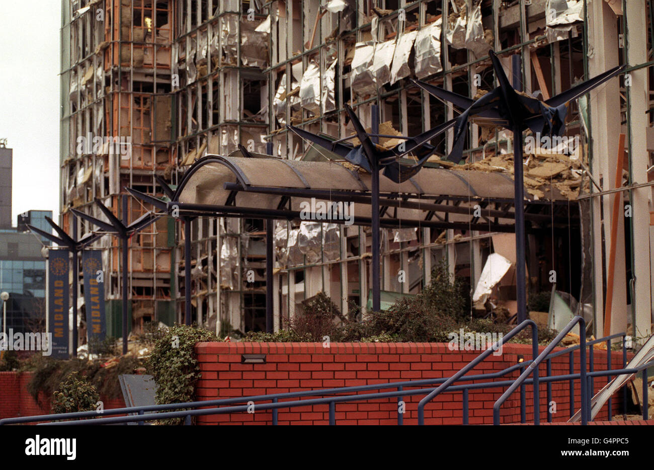 The damaged Midland Bank building on the South Quay of the Dockalnds ...