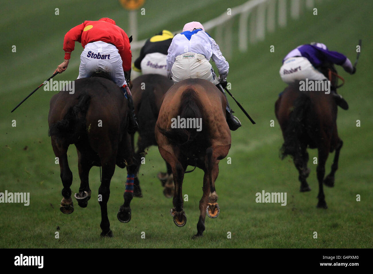 Detailed view of the back of a group of jockeys with Stobart advertising on their trousers as they run away from camera Stock Photo