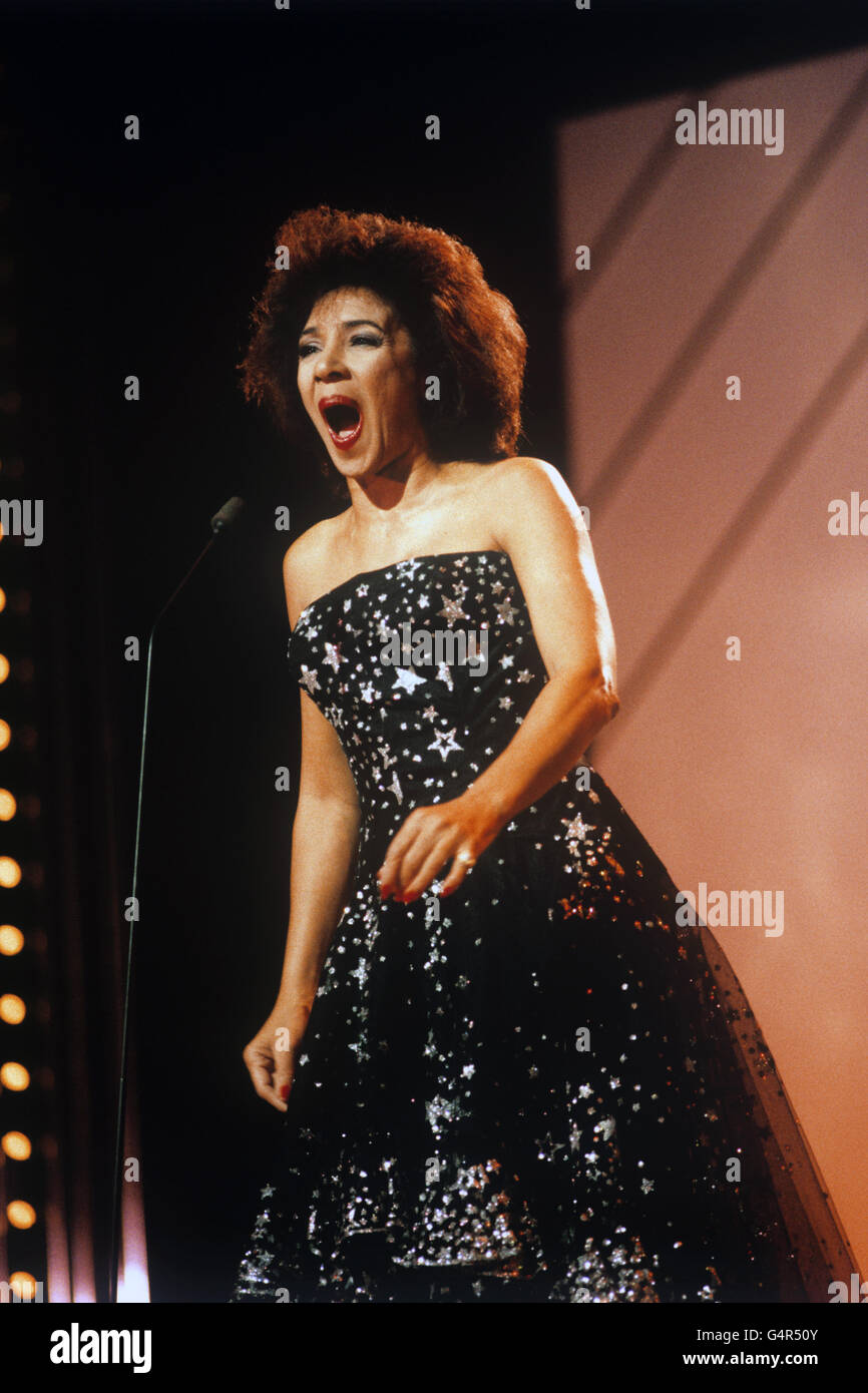 Welsh singer Shirley Bassey during rehearsals ahead of performing at the Royal Variety Performance in front of the Queen and the Duke of Edinburgh. This was Shirley Bassey's first performance since the tragic death of her daughter Samantha. She said her voice disappeared and she had to have signing lessons for the first time in her life to get it back. Stock Photo