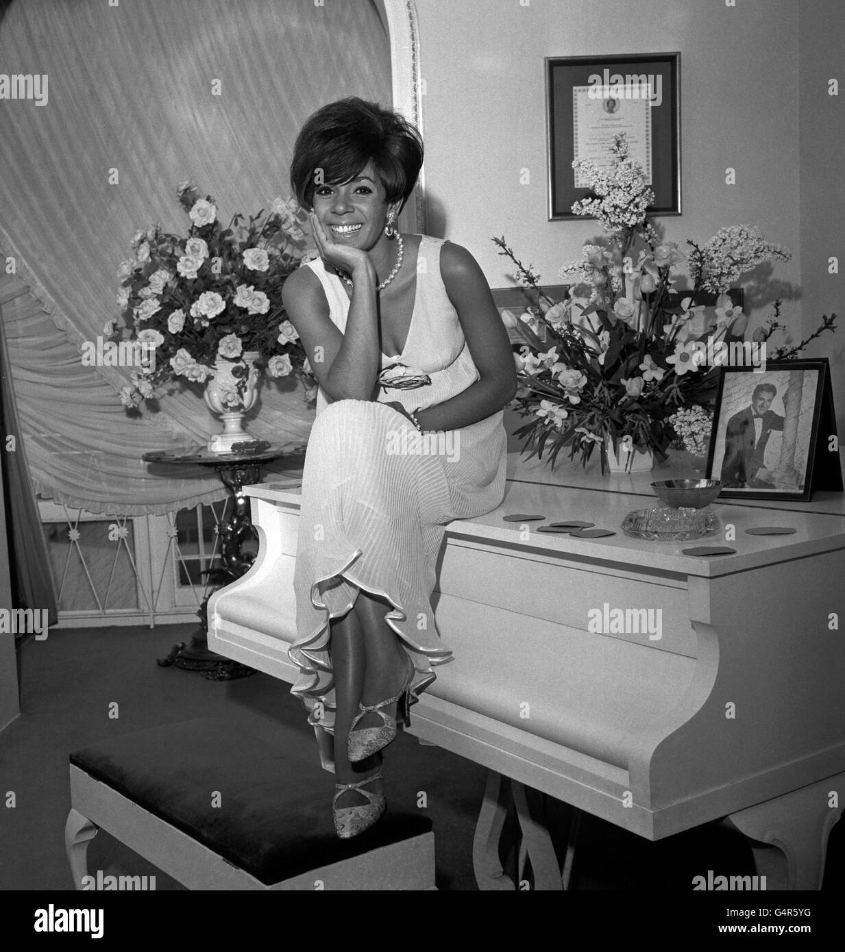 Shirley Bassey, the sultry songstress from Cardiff's Tiger Bay, is shown in the music room of her new home in Chester Square, London, where she announced she would play the title role in 'Josephine', a new musical play by Gavin Lambert and her husband Kenneth Hume. This marks Shirley's first appearance in a major dramatic role, that of Creole-born wife of French Emperor Napolean. Stock Photo