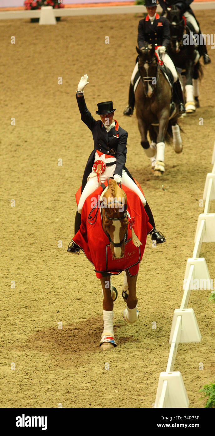 Great Britain's Laura Bechtolsheimer wins in the Reem Acra FEI Grand Prix Freestyle during the London International Horse Show at Olympia, London. Stock Photo