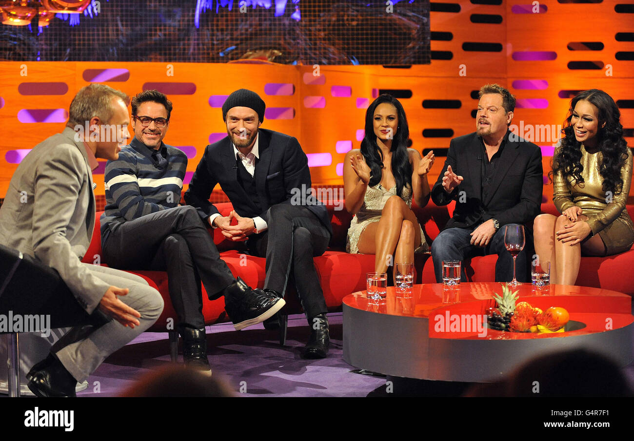 Presenter Graham Norton (left) with guests, (left to right) Robert Downey Jr, Jude Law, Alesha Dixon, Eddie Izzard and Rebecca Ferguson, during filming of The Graham Norton Show, at The London Studios, south London, to be aired on BBC One on Friday evening. Stock Photo