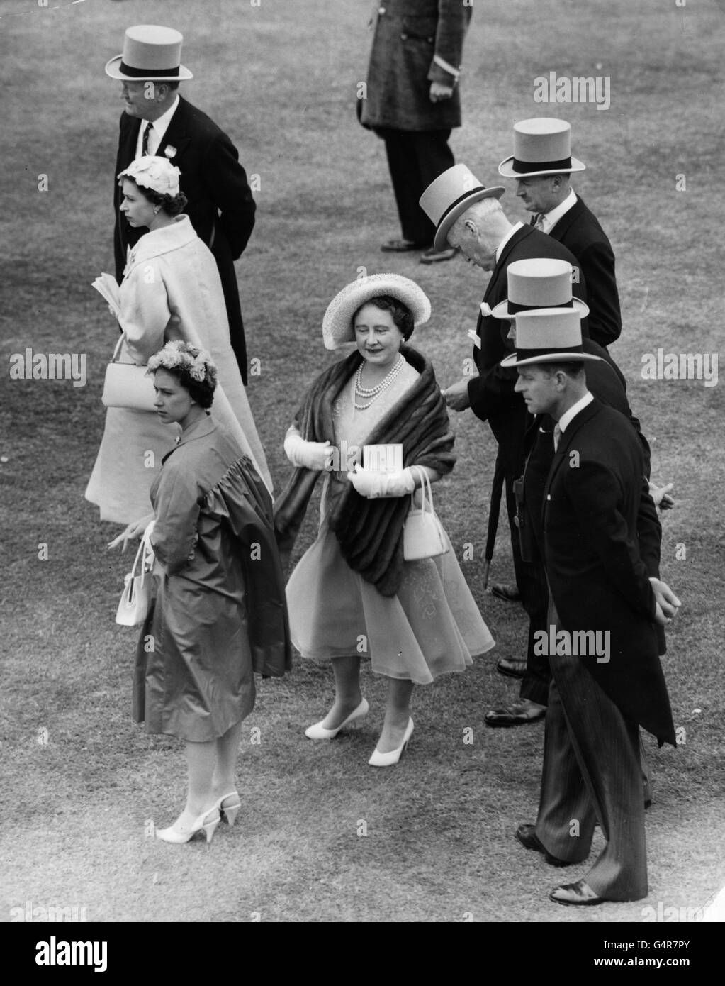 Queen Elizabeth II, the Duke of Edinburgh Princess Margaret and the Queen Mother at the Royal Ascot race meeting. Stock Photo