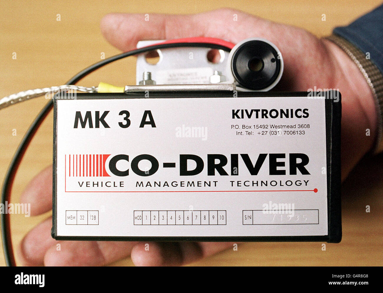 An electronic co-driver made by Kivtronics, the same as the one fitted to the Springbok Atlas coach, which crashed killing 26 British holiday makers, as they toured around South Africa. * The small box records the speed prior to the accident, along with other information, which will help police determine the cause of the crash. Stock Photo