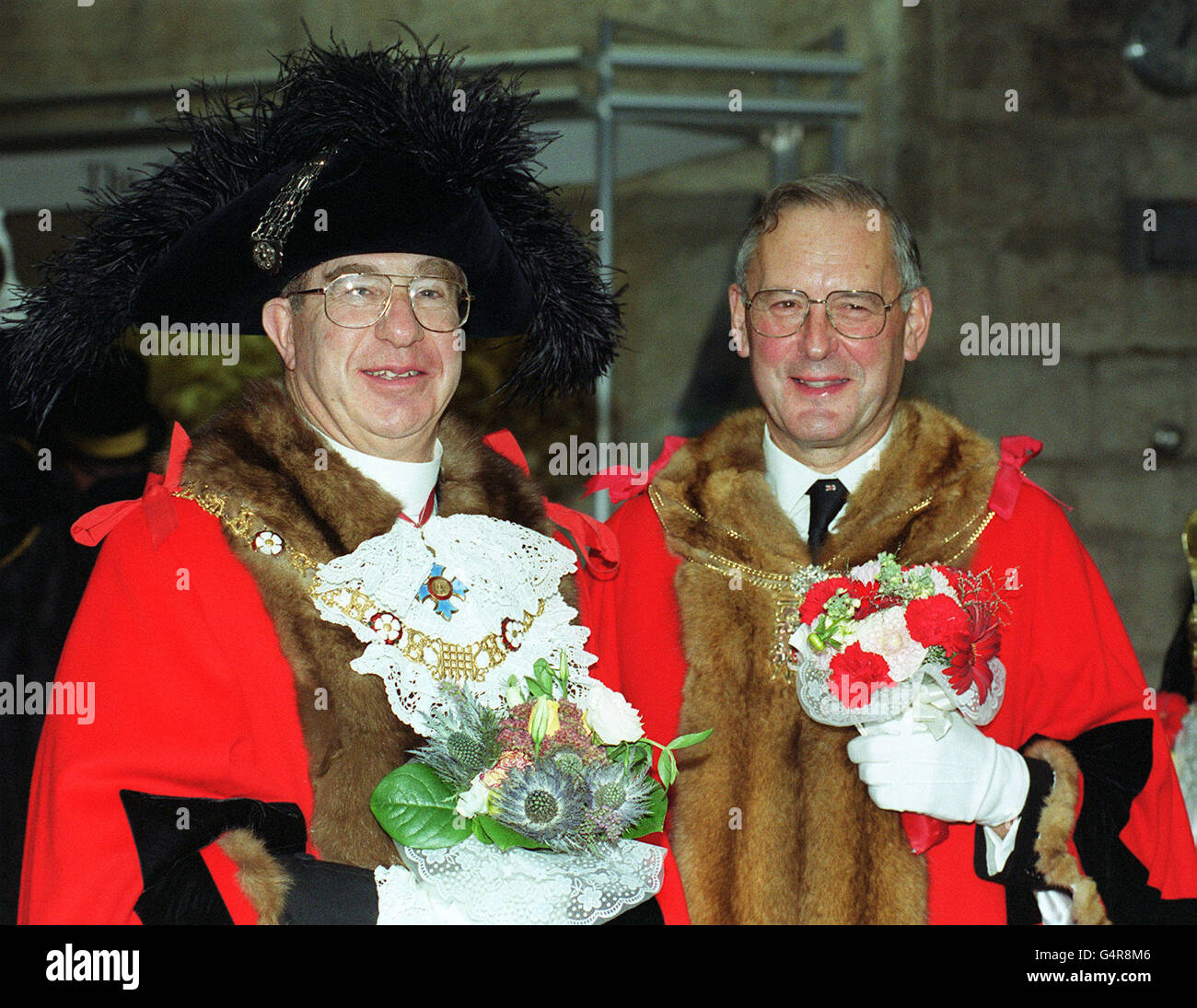 The current Lord Mayor of the City of London, Lord Levene of Portsoken (left) with the new Lord Mayor Elect Alderman Clive Martin OBE at the Guildhall in London. Mr Martin will be admitted to office on Friday 12 November 1999 during the Silent Ceremony. Stock Photo