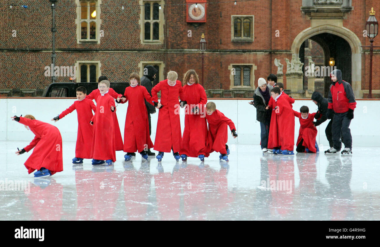 Seventeen Chapel Royal Choirboys aged 8-13 skating at Hampton Court Palace Ice Rink in Kingston. Stock Photo