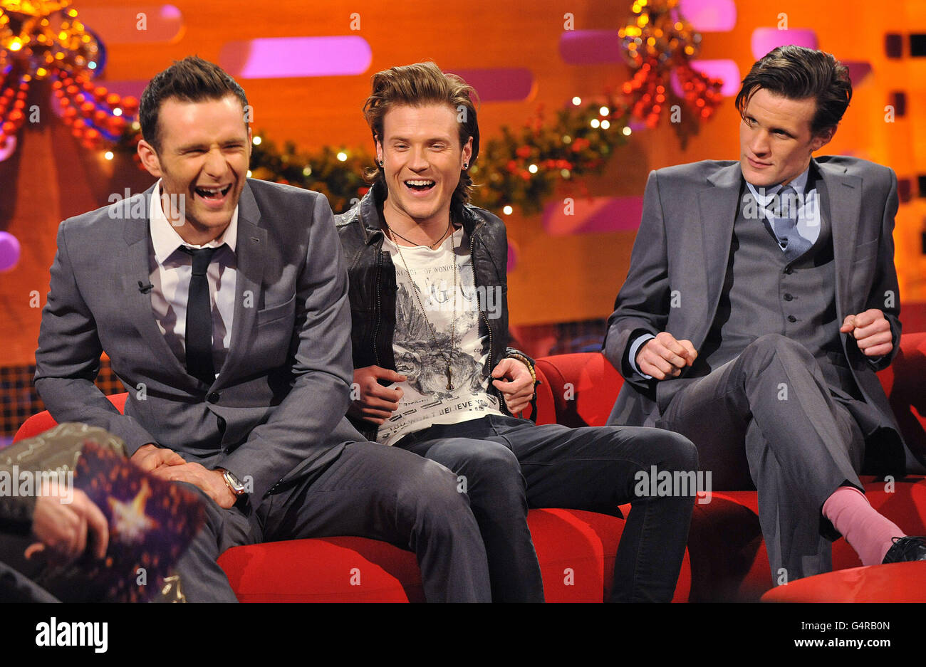 (left to right) Harry Judd, Dougie Poynter and Matt Smith, during filming of The Graham Norton Show, at The London Studios, south London, to be aired on BBC One on Friday evening. Stock Photo