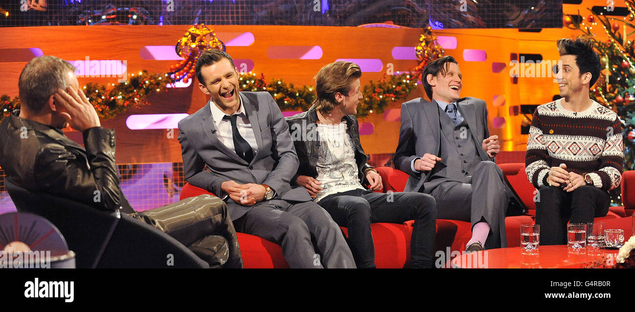 (left to right) Presenter Graham Norton, Harry Judd, Dougie Poynter, Matt Smith and Russell Kane, during filming of The Graham Norton Show, at The London Studios, south London, to be aired on BBC One on Friday evening. Stock Photo