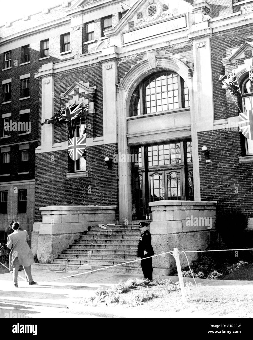 A block of masonry lies shattered on the steps of Queen Mary Veteran's